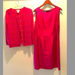 Talbots dress - Fuschia silk sleeveless dress + matching cardigan, size 14